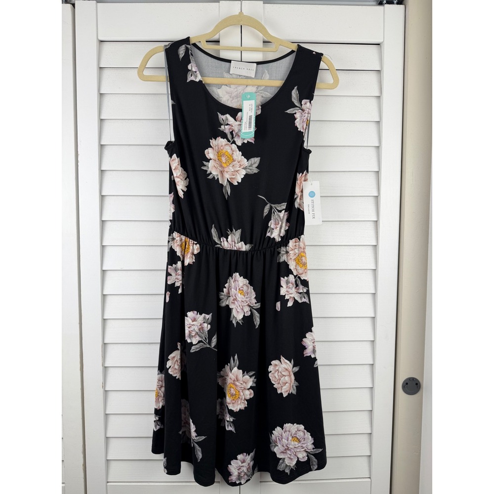 French Grey Evalynn Brushed Knit Dress XL Black Floral Elastic Waist NEW